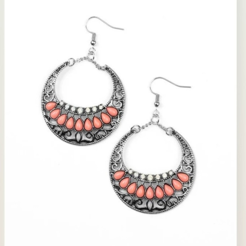 Paparazzi Earring Crescent Couture Orange Silver and Coral Hoop Earrings